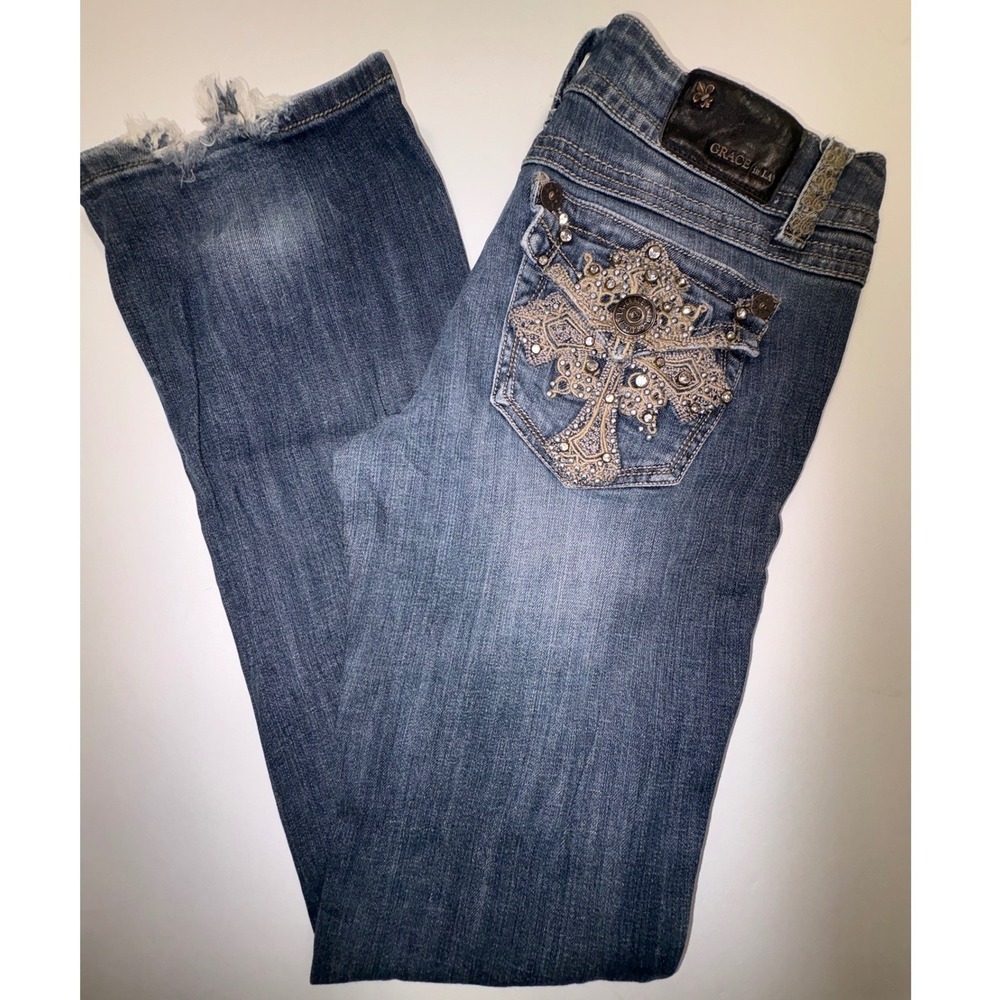 Grace in LA Womens Bootcut Jeans Blue Rhinestone Cross Distressed Size 11/29 - Picture 1 of 10